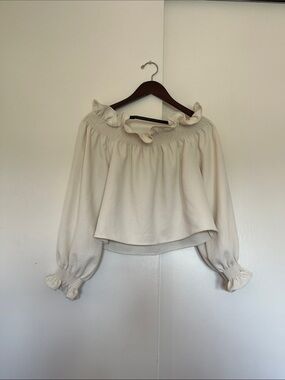 Diane Von Furstenberg Cream Off-Shoulder Ruffle Smocked Blouse